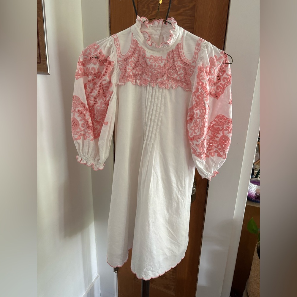 Petite Amalie White and Pink Embroidered Kids Dress, Size 8‎